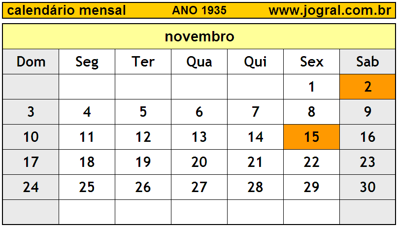 Calendário do Ano 1935 Mês de Novembro