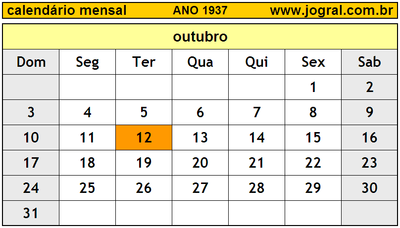 Calendário do Ano 1937 Mês de Outubro