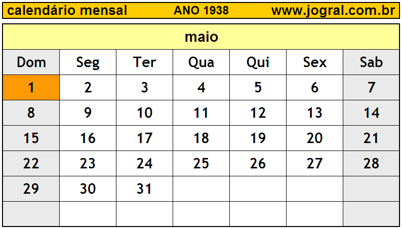 Calendário do Ano 1938 Mês de Maio