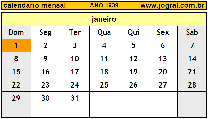 Calendário do Ano 1939 Mês de Janeiro