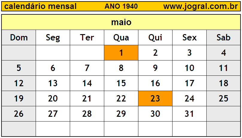 Calendário do Ano 1940 Mês de Maio