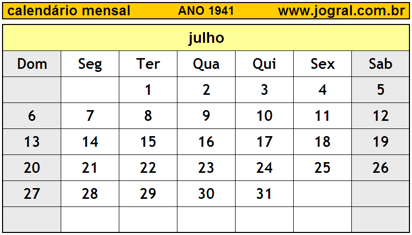 Calendário do Ano 1941 Mês de Julho