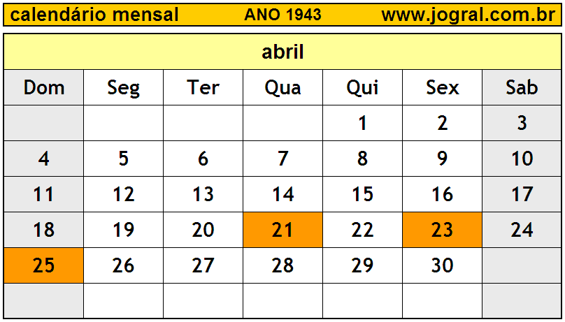 Calendário do Ano 1943 Mês de Abril