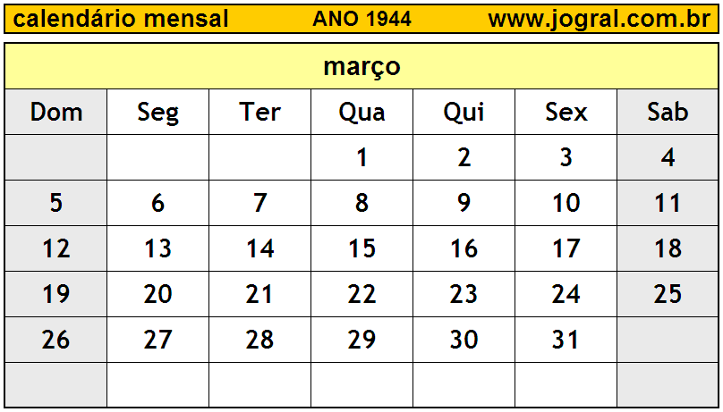 Calendário do Ano 1944 Mês de Março
