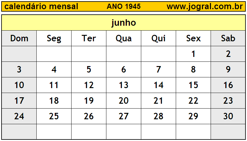 Calendário do Ano 1945 Mês de Junho