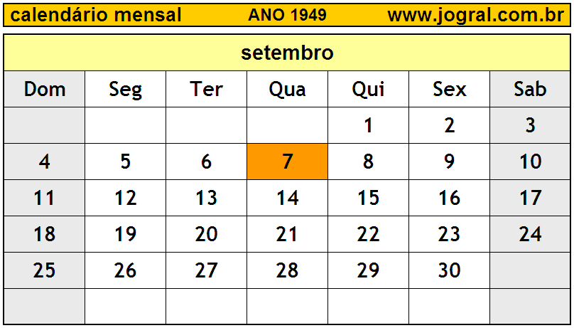 Calendário do Ano 1949 Mês de Setembro
