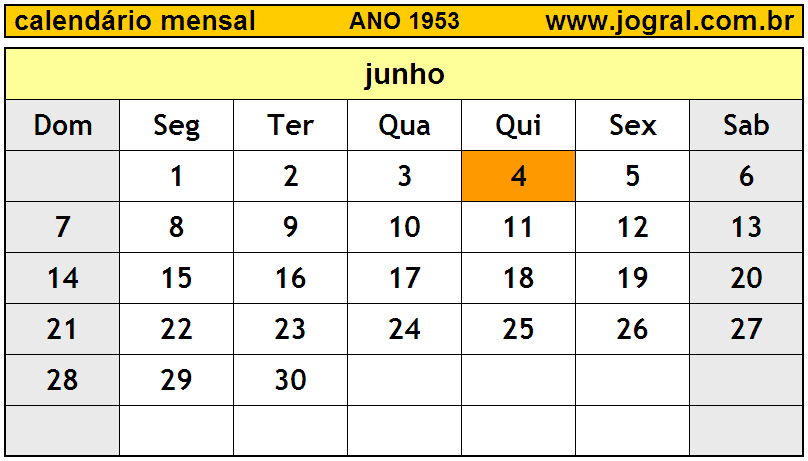 Calendário do Ano 1953 Mês de Junho
