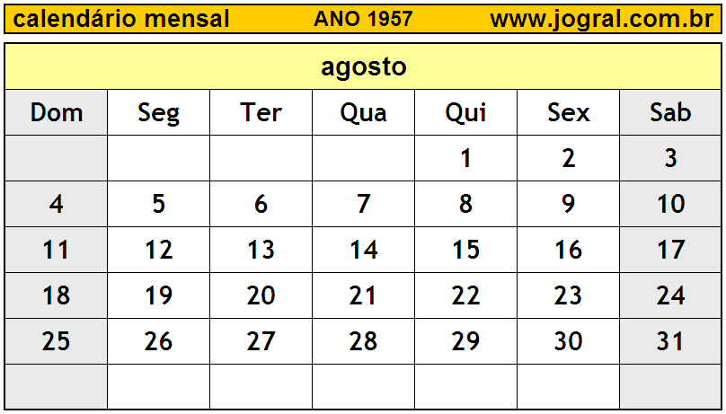 Calendário do Ano 1957 Mês de Agosto