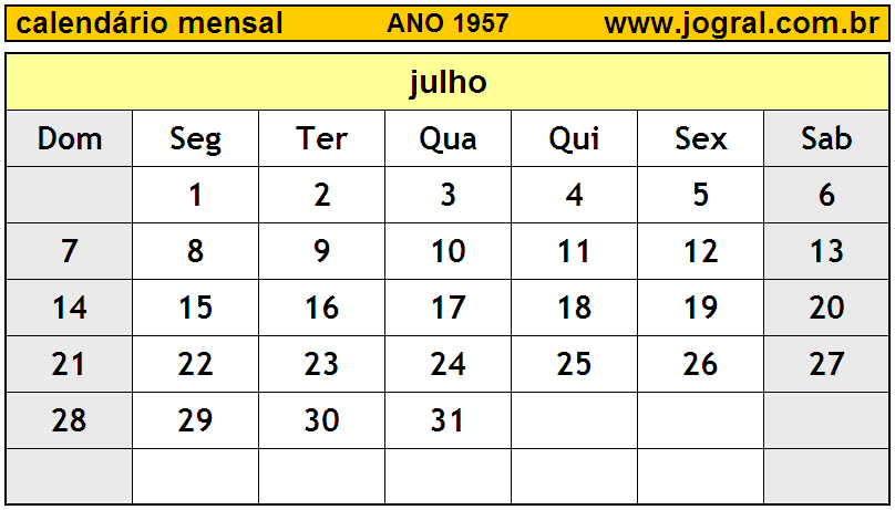 Calendário do Ano 1957 Mês de Julho