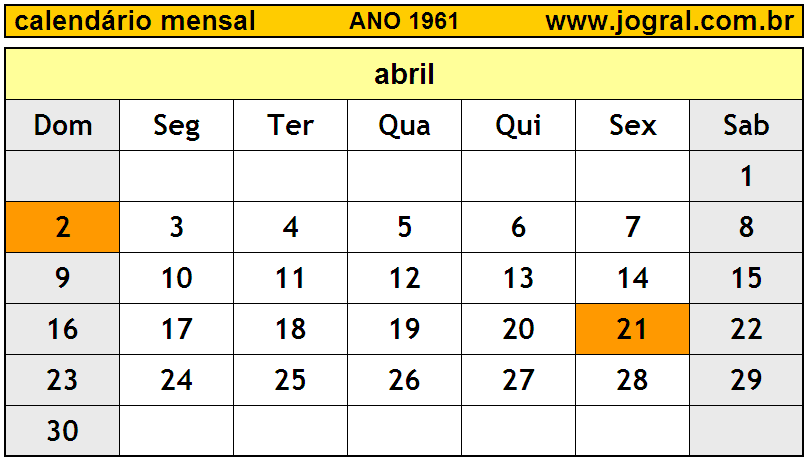 Calendário do Ano 1961 Mês de Abril