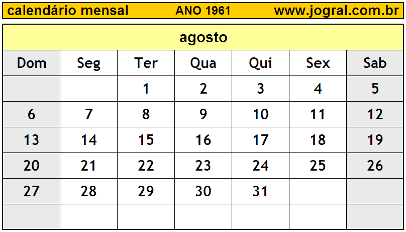 Calendário do Ano 1961 Mês de Agosto