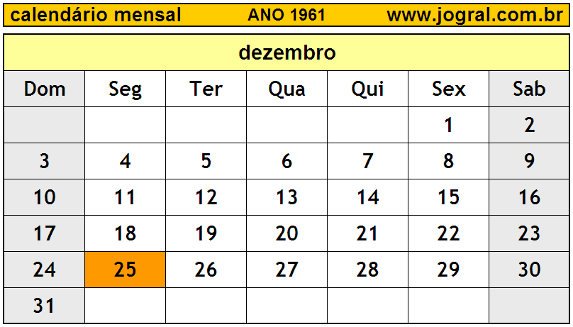 Calendário do Ano 1961 Mês de Dezembro