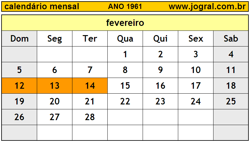 Calendário do Ano 1961 Mês de Fevereiro