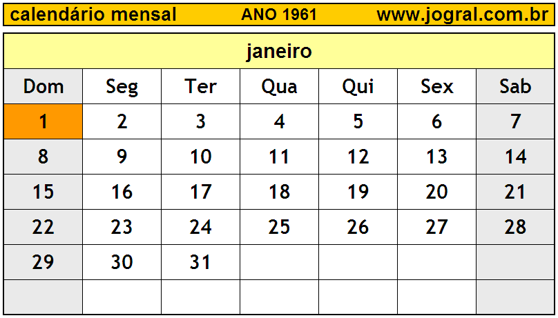 Calendário do Ano 1961 Mês de Janeiro