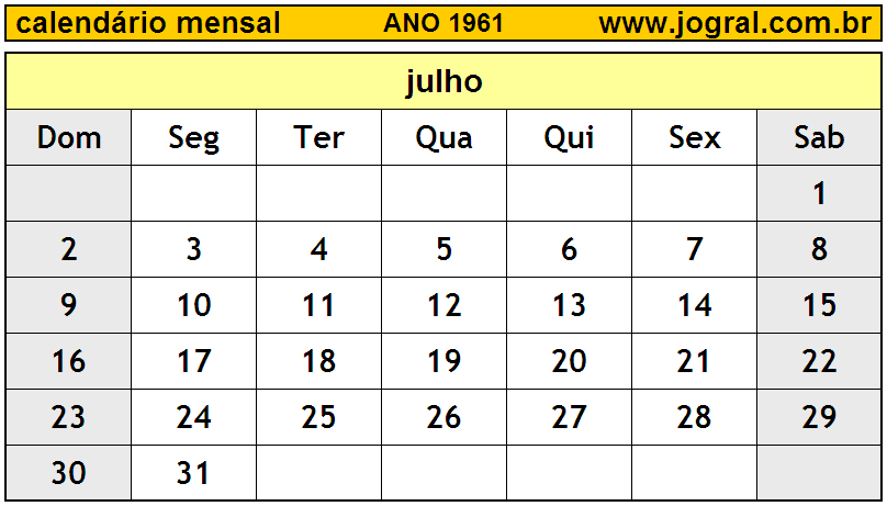 Calendário do Ano 1961 Mês de Julho