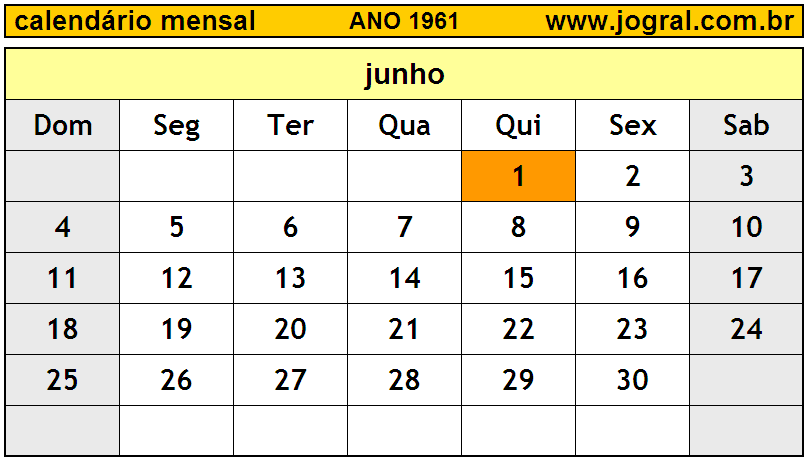 Calendário do Ano 1961 Mês de Junho