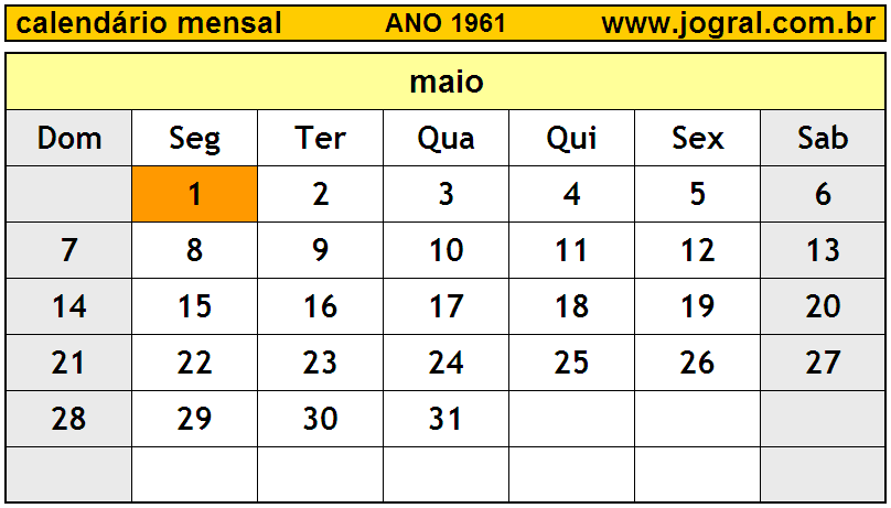 Calendário do Ano 1961 Mês de Maio