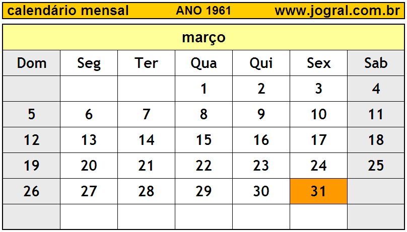 Calendário do Ano 1961 Mês de Março