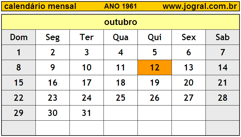 Calendário do Ano 1961 Mês de Outubro