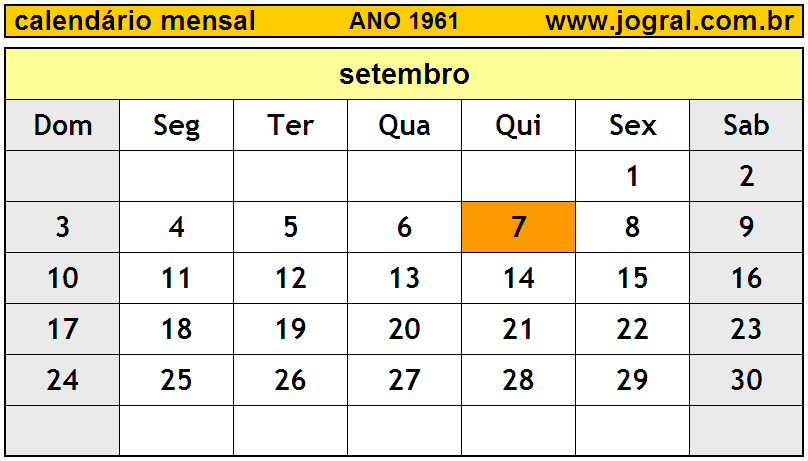 Calendário do Ano 1961 Mês de Setembro