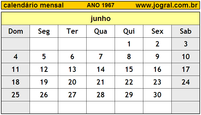Calendário do Ano 1967 Mês de Junho