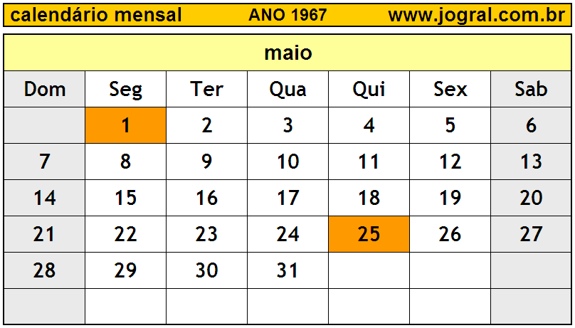 Calendário do Ano 1967 Mês de Maio