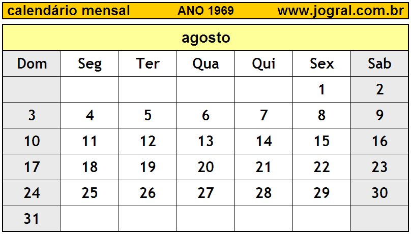 Calendário do Ano 1969 Mês de Agosto