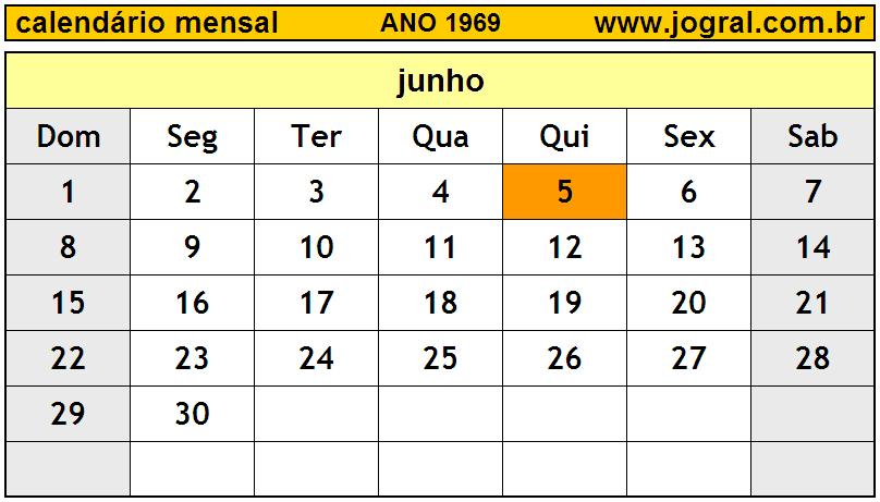 Calendário do Ano 1969 Mês de Junho