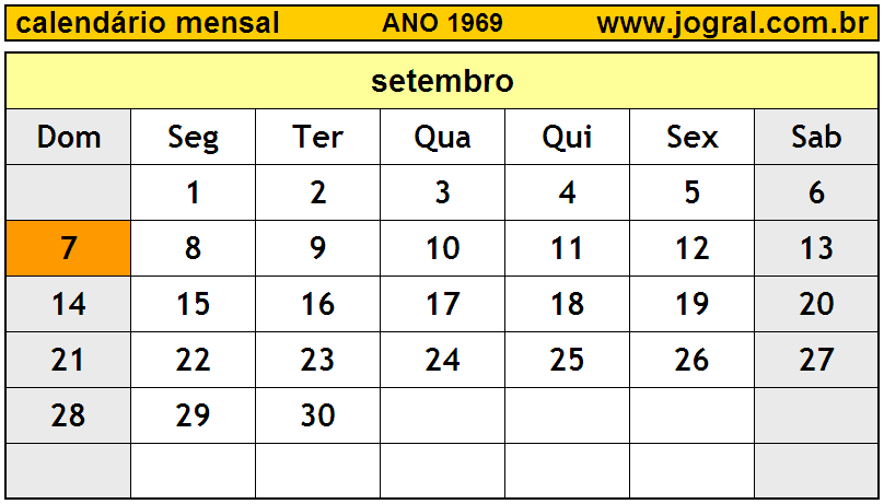 Calendário do Ano 1969 Mês de Setembro