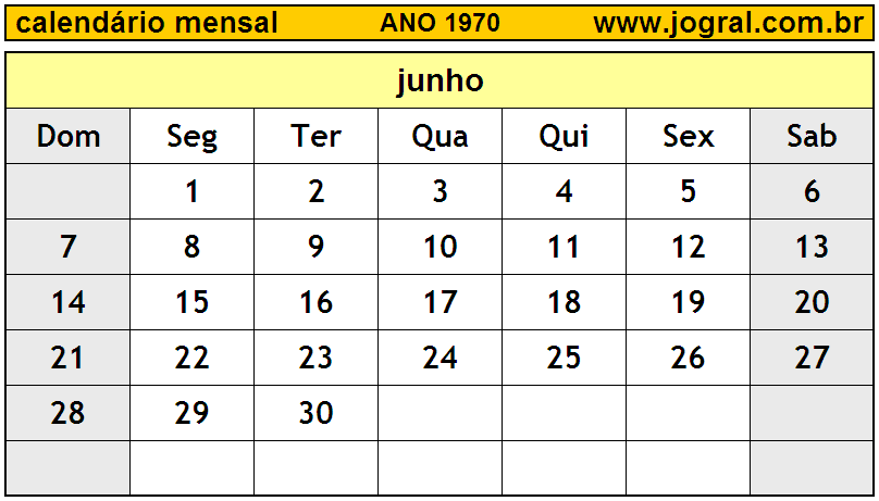 Calendário do Ano 1970 Mês de Junho