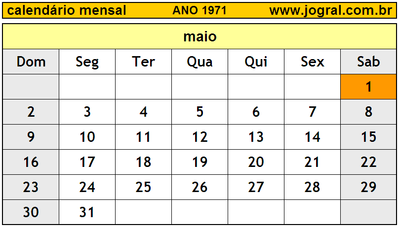 Calendário do Ano 1971 Mês de Maio