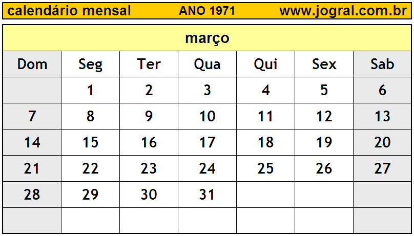 Calendário do Ano 1971 Mês de Março