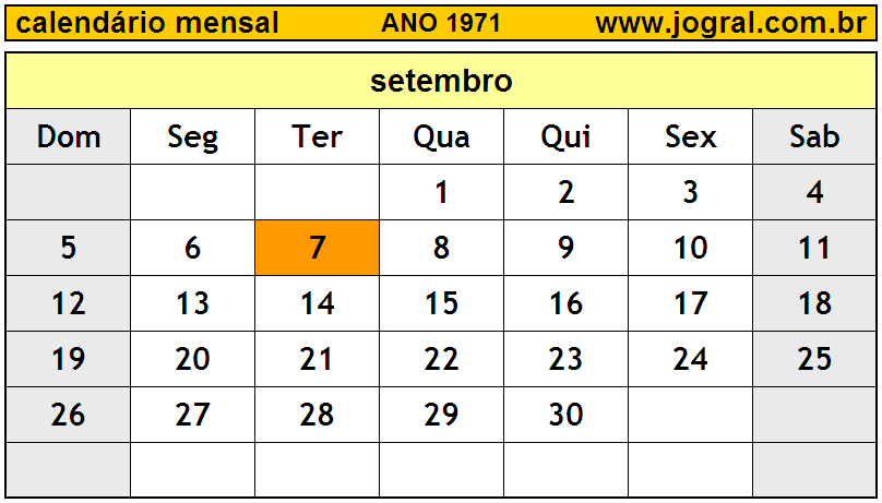 Calendário do Ano 1971 Mês de Setembro