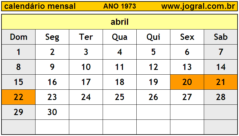 Calendário do Ano 1973 Mês de Abril