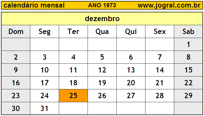 Calendário do Ano 1973 Mês de Dezembro