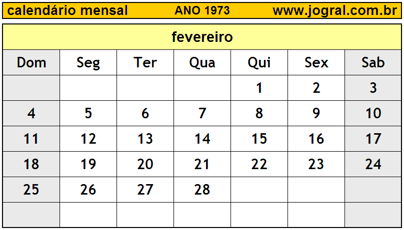 Calendário do Ano 1973 Mês de Fevereiro