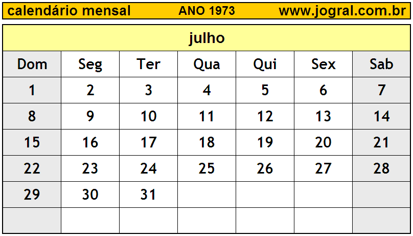 Calendário do Ano 1973 Mês de Julho