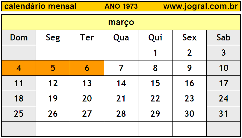 Calendário do Ano 1973 Mês de Março
