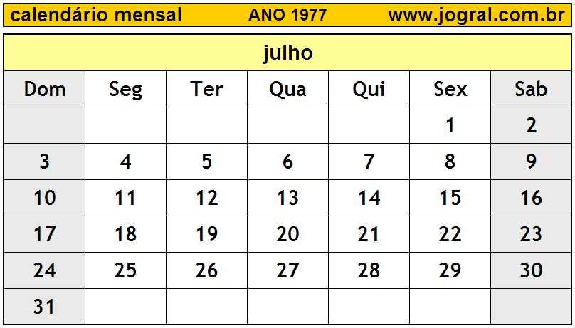 Calendário do Ano 1977 Mês de Julho