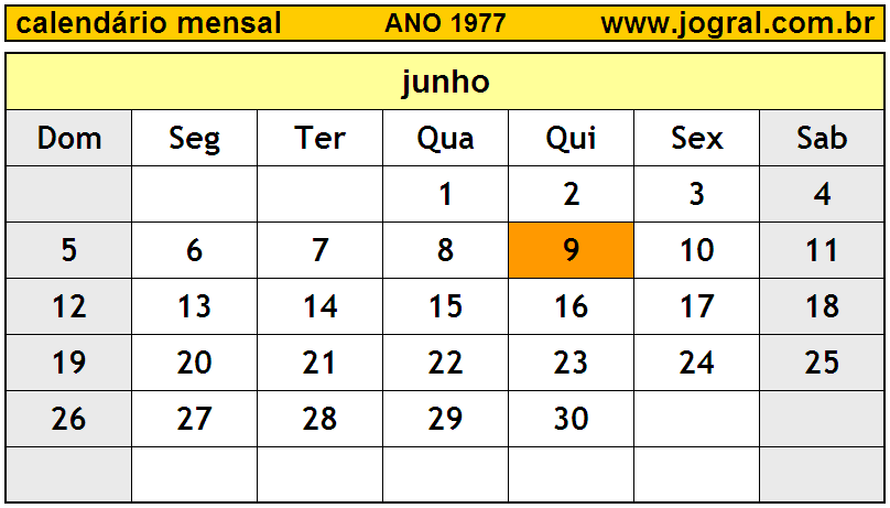 Calendário do Ano 1977 Mês de Junho