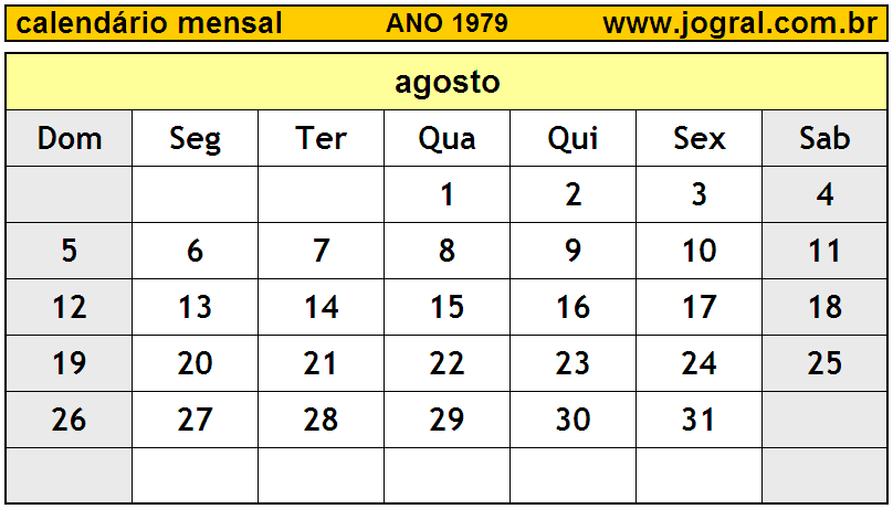Calendário do Ano 1979 Mês de Agosto