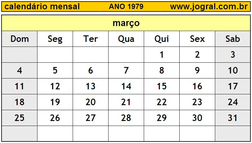 Calendário do Ano 1979 Mês de Março