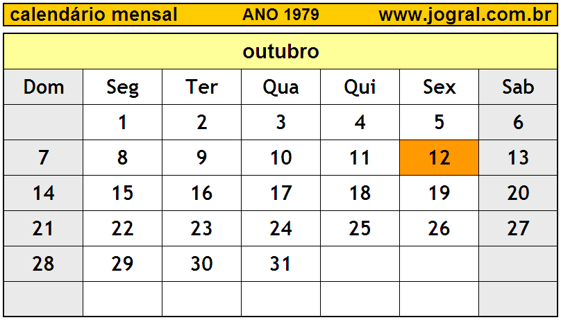 Calendário do Ano 1979 Mês de Outubro