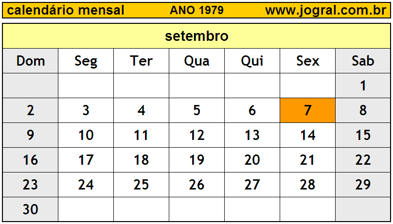 Calendário do Ano 1979 Mês de Setembro