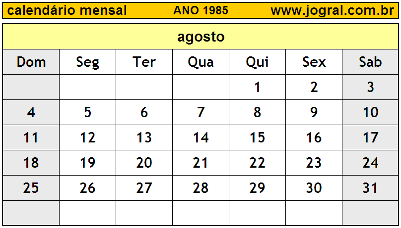 Calendário do Ano 1985 Mês de Agosto