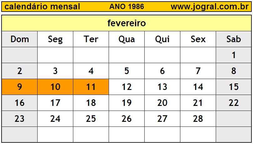Calendário do Ano 1986 Mês de Fevereiro