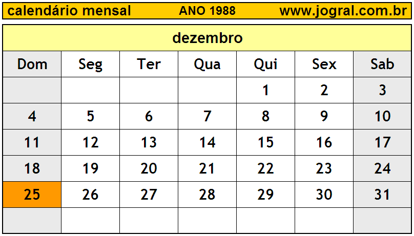 Calendário do Ano 1988 Mês de Dezembro