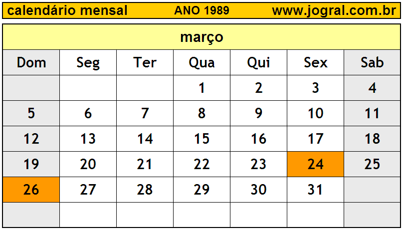 Calendário do Ano 1989 Mês de Março
