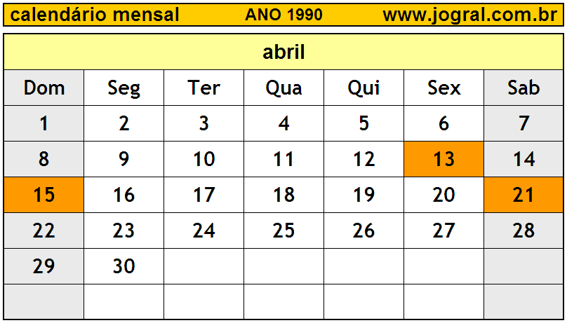 Calendário do Ano 1990 Mês de Abril