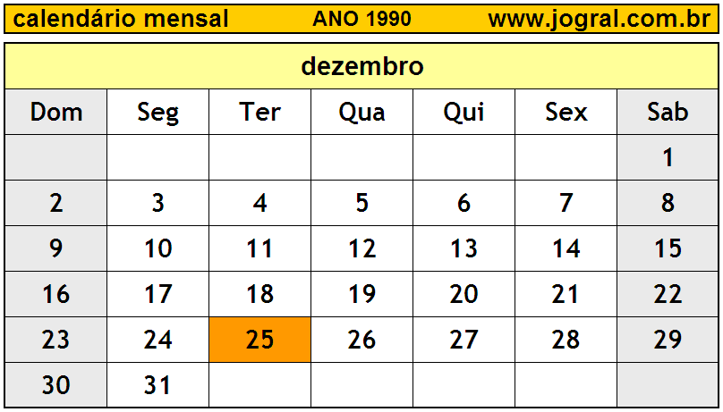 Calendário do Ano 1990 Mês de Dezembro